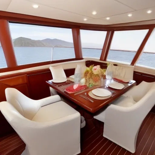 Living aboard a boat with a dinner table fully set. 