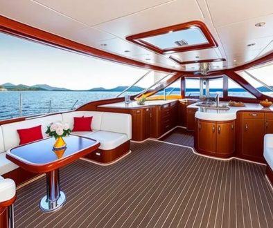 Can you live on a boat in a marina? photo of yacht with couches, tables, and wet bar.