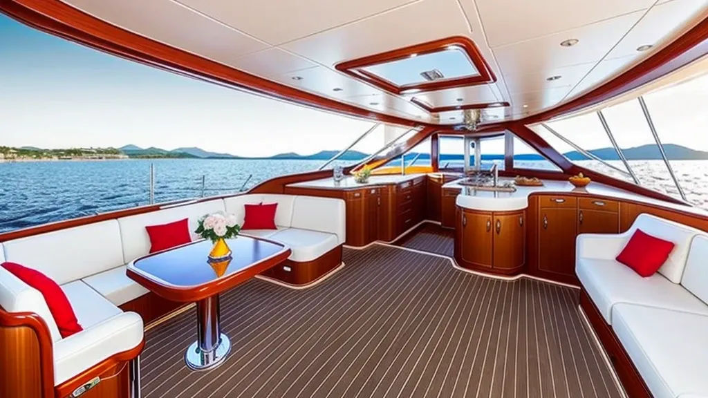 Can you live on a boat in a marina? photo of yacht with couches, tables, and wet bar.