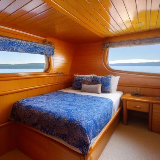Living on a boat in a marina; photo of yacht cabin bedroom.